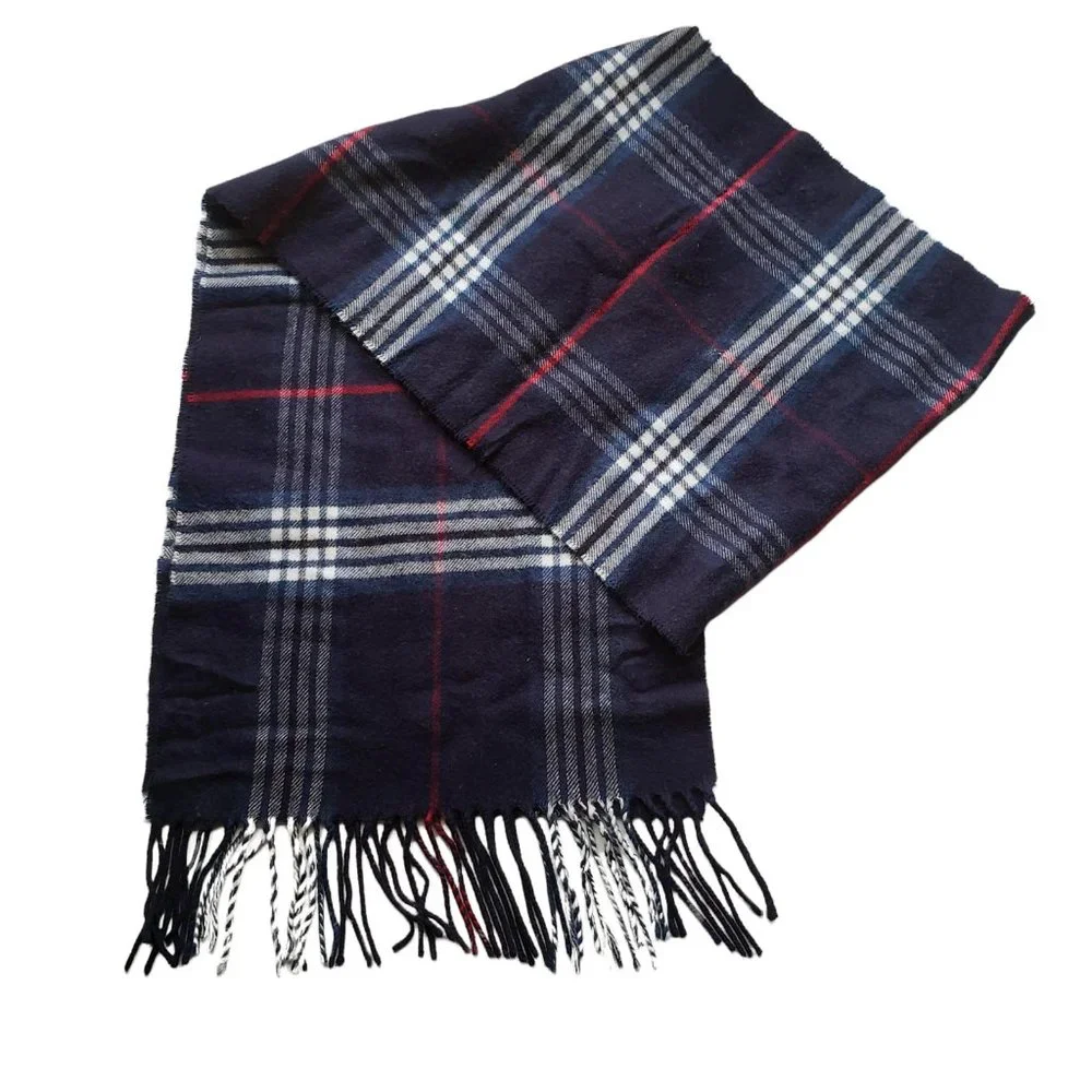 Made Scotland Blue Plaid Acrylic Fringe Rectangle Scarf 11 x 62